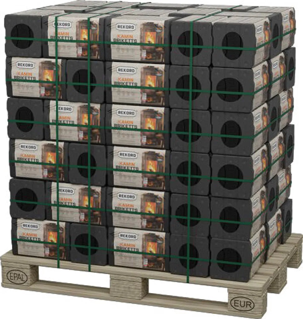 Rekord Braunkohlebriketts 10 kg – 900 kg Palette (90 × 10 kg) | Gluthalter Nachtbriketts | EUR-Palette inklusive
